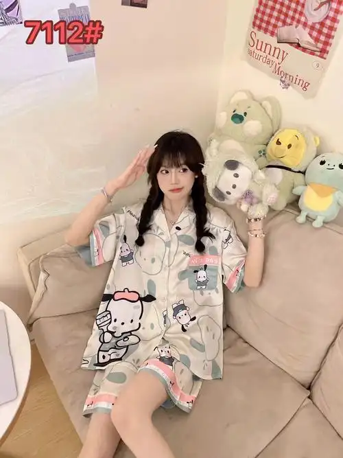 【可可优】夏季仿真丝冰丝绸睡衣女士短袖短裤开衫家居服套装 - 17网