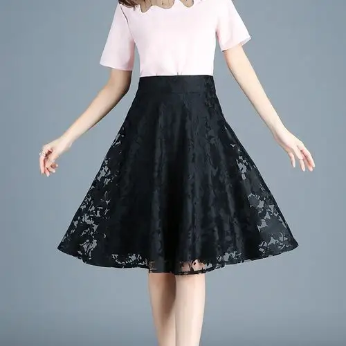 2020年夏季新款女装半身裙子蕾丝黑色短中a字裙韩版薄款高腰网纱