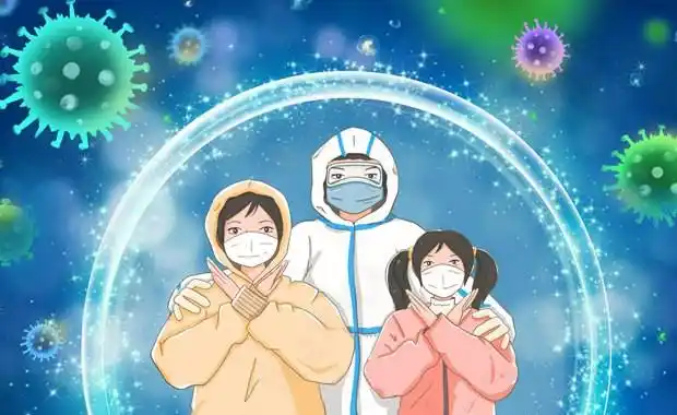 手绘插画卡通民众医生病毒防御抗病毒抗疫新冠h5海报p