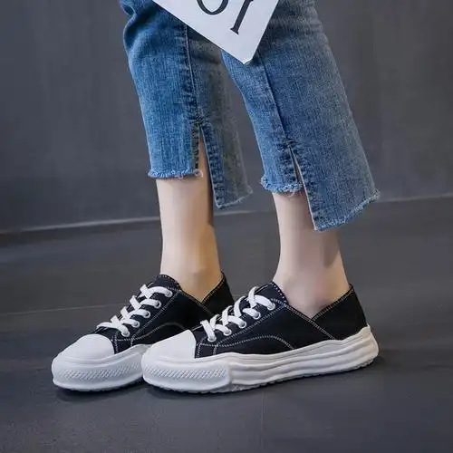 可卡依黑色两穿踩跟帆布鞋女2020春季新款厚底低帮百搭休闲布鞋女