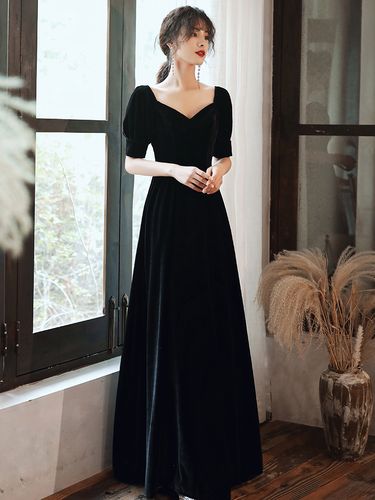 黑色晚礼服轻奢小众高级感长裙主持人女大合唱演出服v领典礼聚会