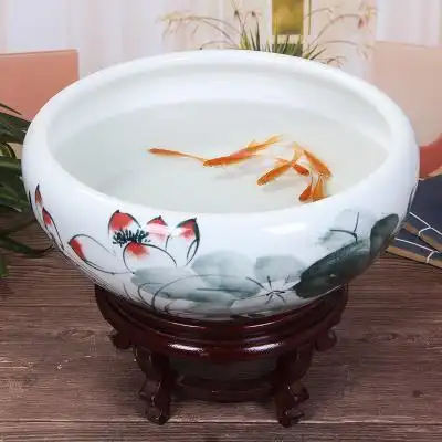 景德镇陶瓷鱼缸碗莲睡莲盆荷花缸大号乌龟k养鱼盆家用流水摆件创