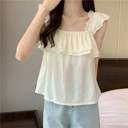 甜美气质荷叶边背心吊带女夏季小飞袖短款宽松上衣 - 17网