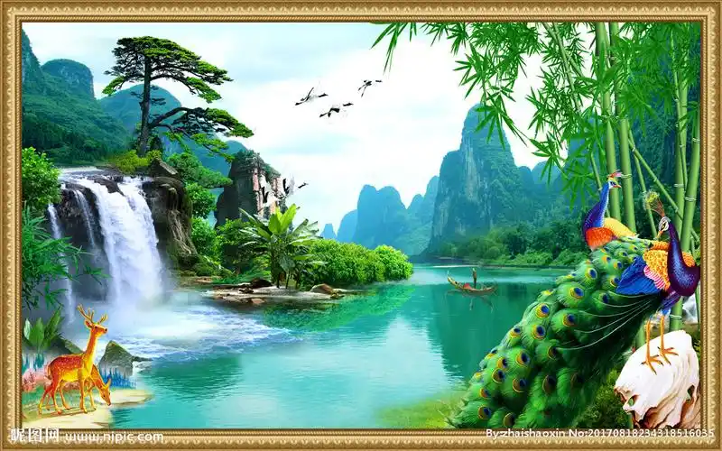 山水瀑布竹子荷花孔雀山水风景画设计图__psd分层素材_psd分层素材_设