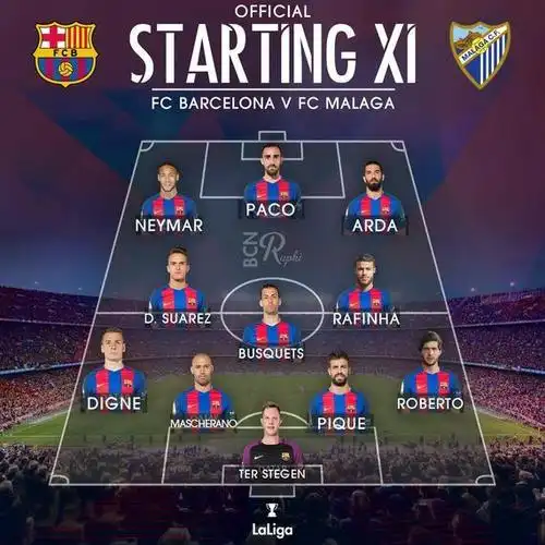 西甲巴萨首发:梅西呕吐缺阵 内马尔领衔3箭头