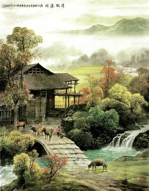 xt12709中式山水玄关田园房子放牛小桥瀑布林源风清黄绿色