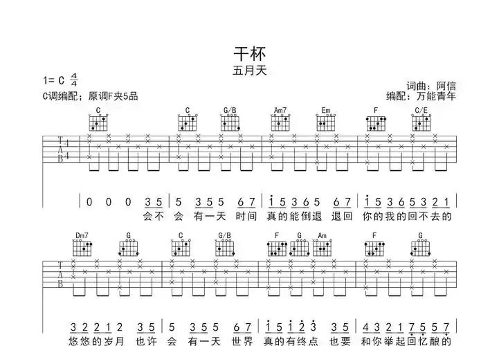 干杯吉他谱_五月天_c调弹唱吉他谱75%原版 - 吉他世界