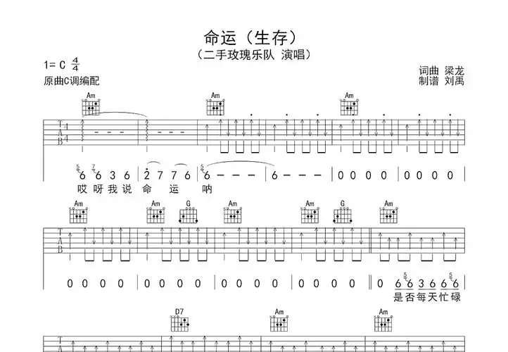 命运吉他谱_二手玫瑰乐队c调弹唱81%原版_刘禹up - 吉他世界
