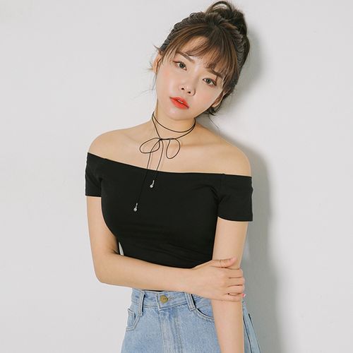 一字领短袖t恤女夏季黑色修身显瘦打底衫性感露肩美背一字肩上衣