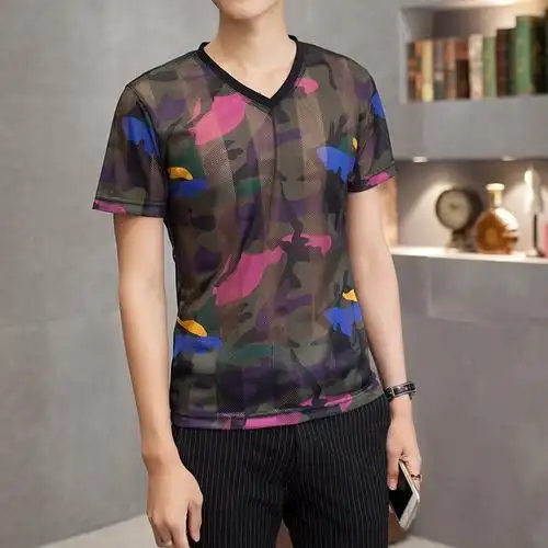 花短袖男 个性印花t恤韩版修身潮男透气体恤衫 新款大码蚕丝半袖