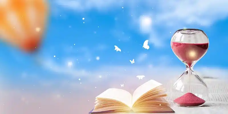 蓝色简约书本读书沙漏天空蝴蝶展板背景读书背景