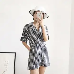 韩版收腰显瘦短裤西装领黑白格子连体裤短袖连衣裤女夏2018新品