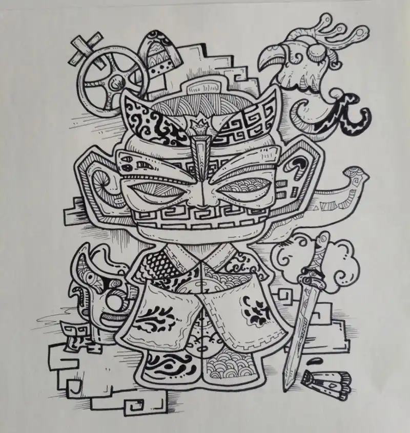 创意美术96||8～10岁小朋友作品-三星堆 临摹作品～一个步骤图96