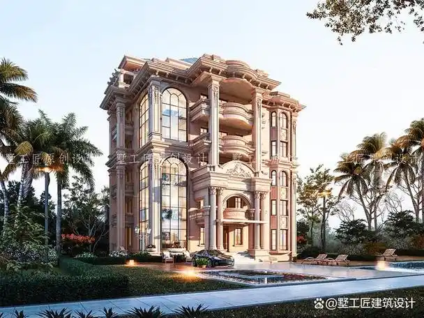 这座豪华的欧式六层自建房别墅,犹如一座城堡般矗立在蓝天白云之间.