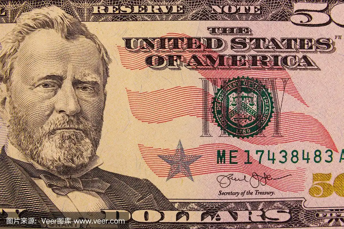 50美元钞票的微距镜头