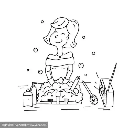 等高线矢量插图上的白色背景.家庭主妇洗碗.