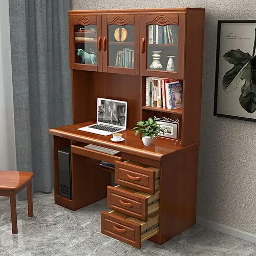 新中式全实木电脑桌转角带书架书柜一体台式桌书桌组合实木写字台