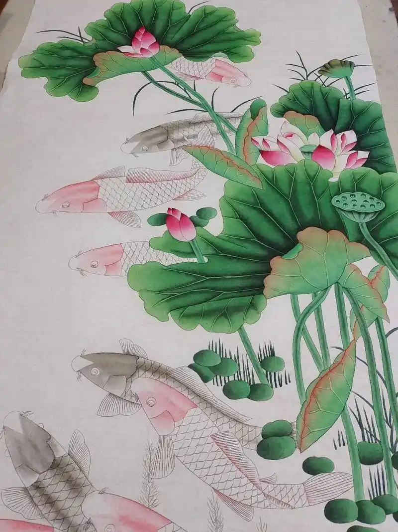 纯手绘工笔画,四尺整张荷花九鱼图,吉利有鱼 . 三尺竖副牡丹 - 抖音