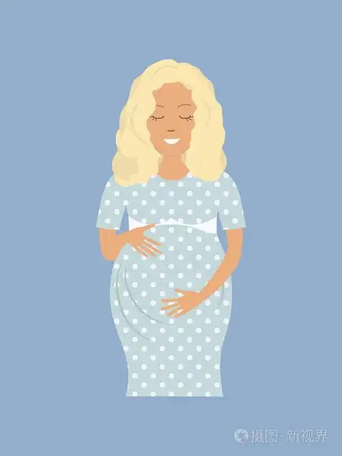 可爱的孕妇穿着蓝色的裙子在圆点.