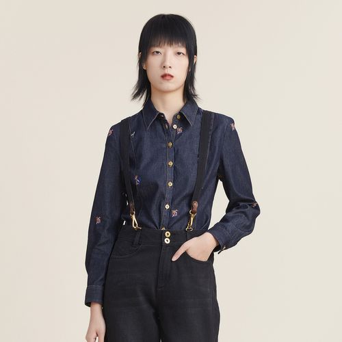 牛仔衬衫复古简笔画卡通绣花衬衫百搭长袖衬衣女