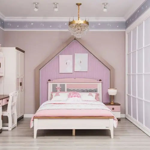 儿童房公主房粉色蝴蝶结全实木1.5米女孩子卧室套房衣柜床头柜