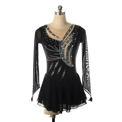 福诺花样滑冰表演服溜冰服长袖儿童成人女童比赛考级裙子藏蓝闪钻