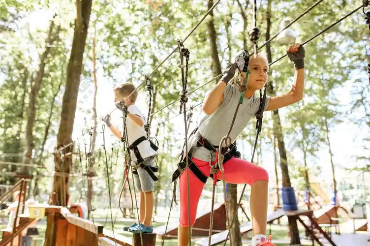 弟弟和妹妹在绳索公园攀爬孩子们在吊桥上攀爬假期极限运动冒险户外