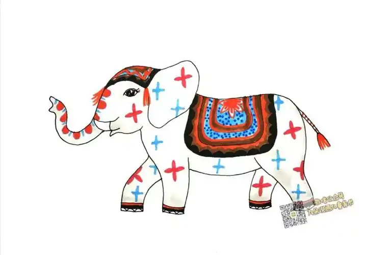 步骤2:浅灰色涂大象身体,并选择其他颜色的彩笔为大象和毯子进行花纹