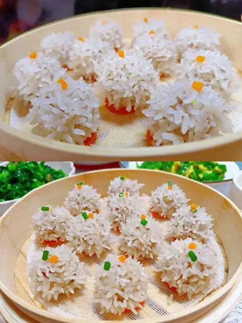 今天制作的是美味的珍珠丸子,在肉丸外边包裏了一层晶莹剔透的大米,看