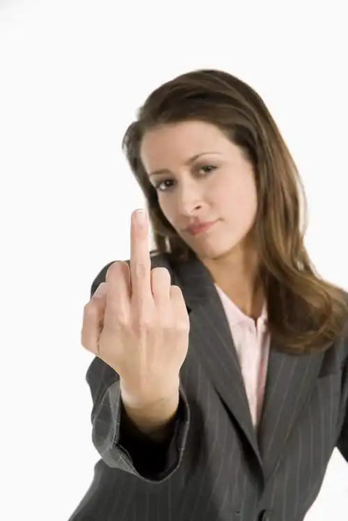 西方人,中指,一个人,商务人士,商务女性,站,竖图,室内,白天,白色背景