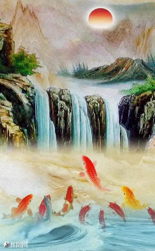 中式唯美油画山水风鲤鱼装饰画