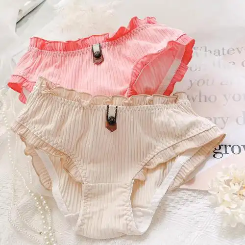 日系少女简约荷叶内裤复古纽扣中腰三角裤亲肤女三角裤