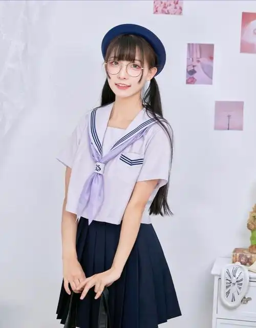 御茶家日系紫色短款水手服短袖中间服原创jk校供感早春学院风绀色下裙