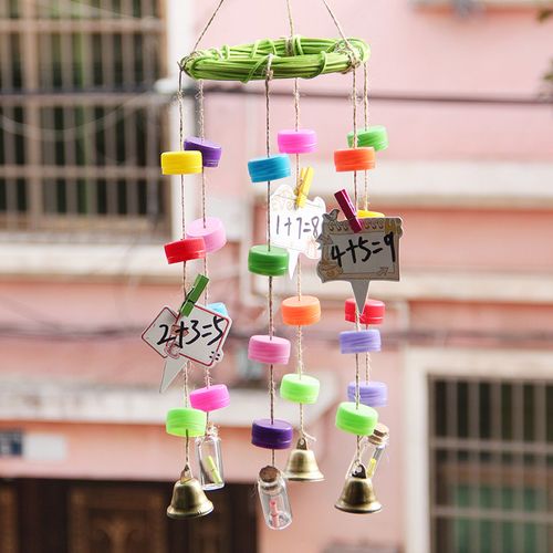 diy手工风铃材料包藤环制作环保回收瓶盖麻绳幼儿园留言卡算数