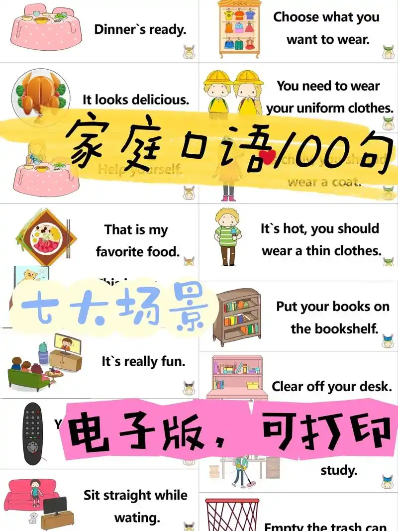 97英语启蒙,家庭日常口语墙卡100句.93日常英语启蒙,家 - 抖音