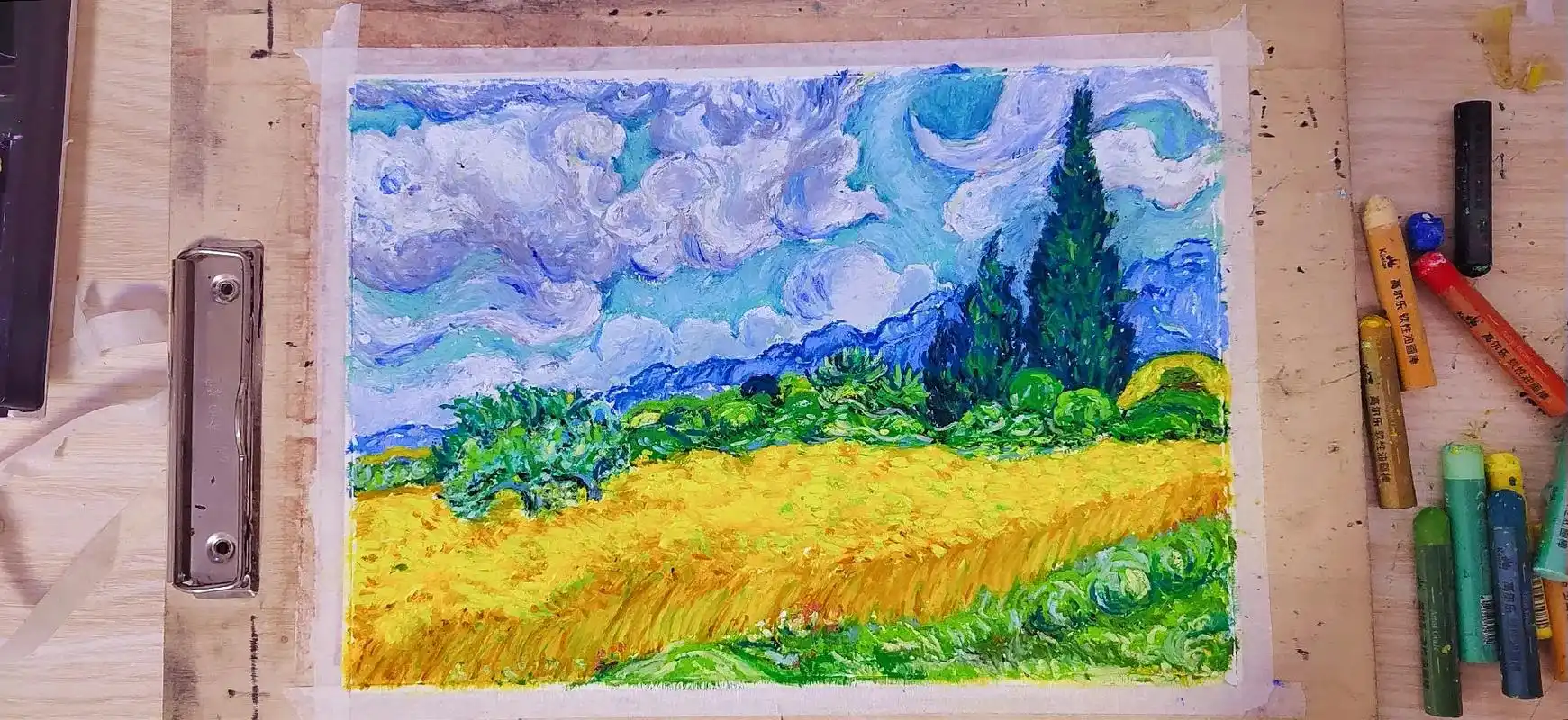 油画棒临摹《麦田里的丝柏树》#画画#油画棒风景画 #油画棒 - 抖音