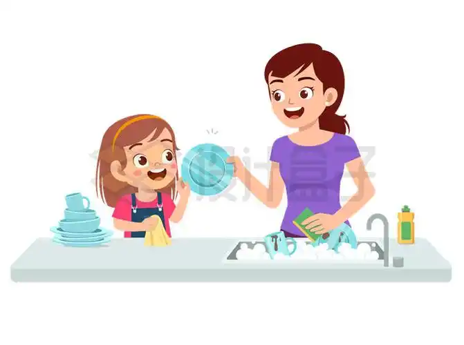卡通小女孩和妈妈一起洗碗做家务7797460矢量图片免抠素材 生活素材