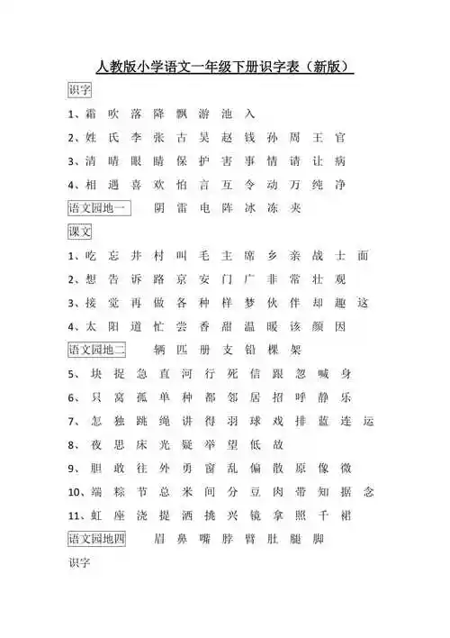 人教版小学语文一年级下册识字表新版