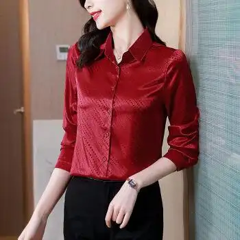 真丝衬衫女设计感桑蚕丝上衣衬衣女春装新款高端大牌酒红色l他遇见100
