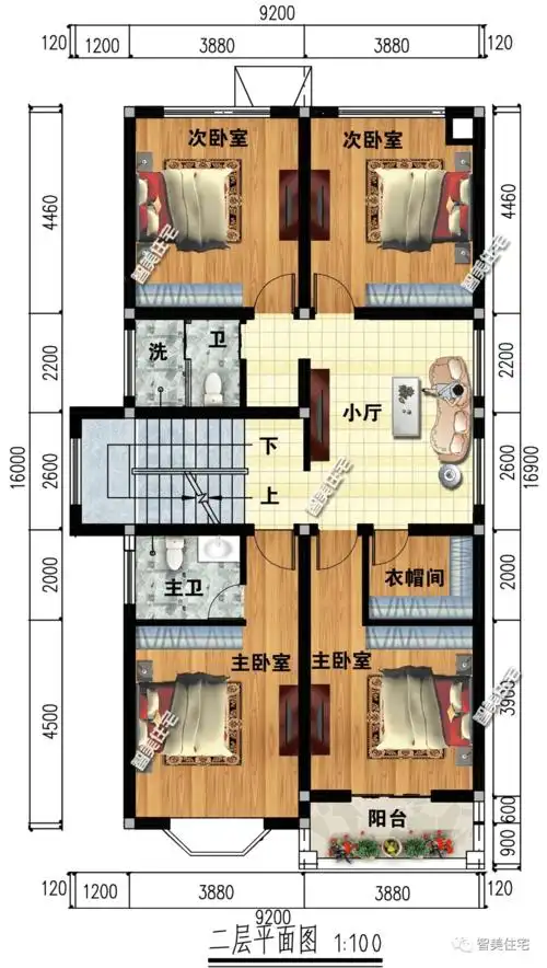 第二栋面宽恰恰就是9米的,同样简欧带阁楼的设计,尺寸是963.2米.