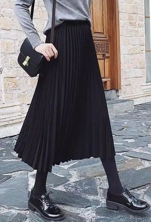 金丝绒百褶裙黑色半身裙女配毛衣2021中长款伞裙a字长裙子秋