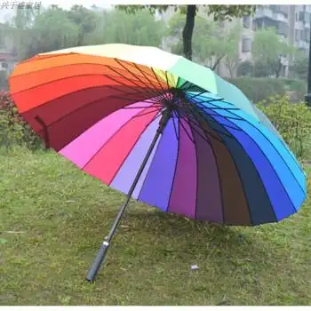 可彩虹伞24骨自动超大彩色雨伞免持户外晴雨两用伞直杆直柄男士女士弯