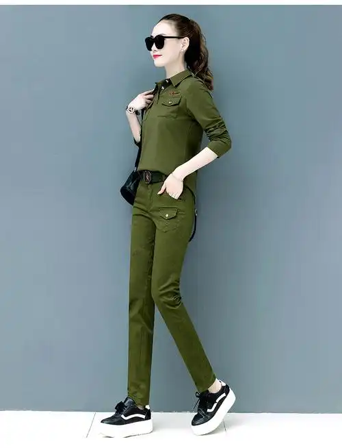 翻领长袖t迷彩服女套装春秋大码t恤户外迷彩工装裤水兵舞服两件套