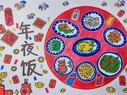创意儿童画--《年夜饭》新年主题画 集五福之团圆福 儿童剪贴画除夕年
