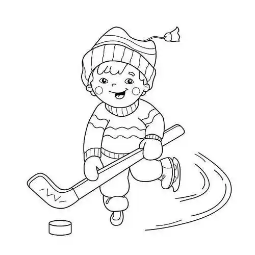 上色_书页_轮廓_卡通_男孩_玩_冰球_冬季运动_上色画册_儿童_高清图片