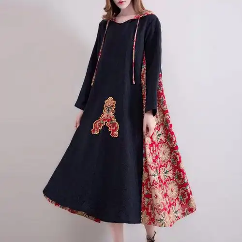 828新款2017夏秋装新款大码民族风女印花连衣裙复古中国风长款棉麻