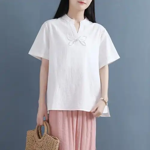复古盘扣棉麻短袖恤女宽松休闲文艺亚麻小衫t恤