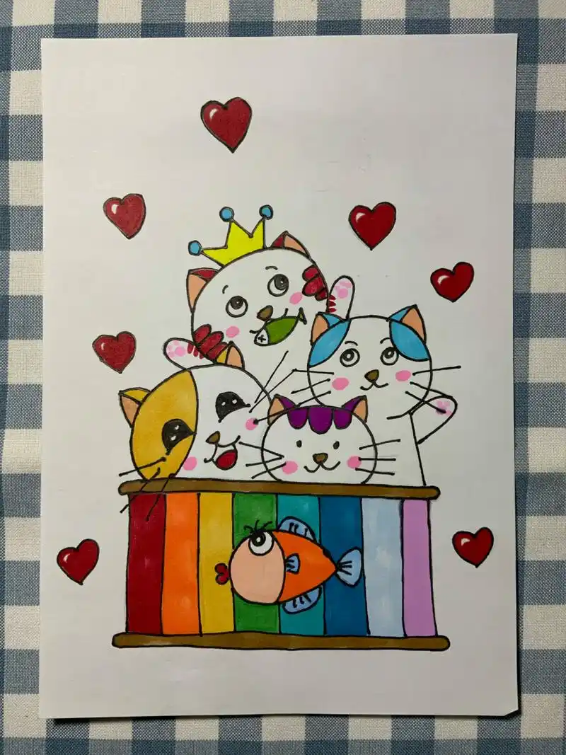 创意儿童画 猫咪家族 流浪动物 宠物 小花猫 马克笔画 猫