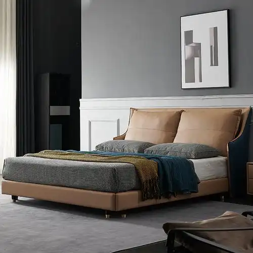 真皮现代简约双人床18米北欧风格轻奢主卧大床意式皮艺床