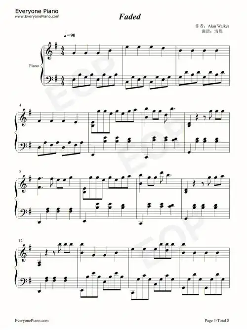 faded钢琴五线谱
